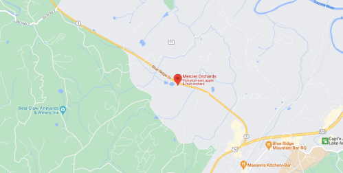 Map showing Mercier Orchards location with nearby landmarks and roads in a rural area.