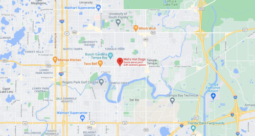 Map showing the location of Mike's Hot Dogs near the University of South Florida in Tampa, Florida.