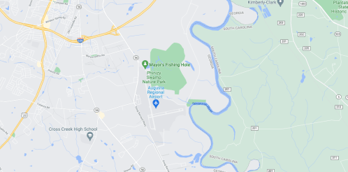 Map showing Maybry's Fishing Hole, Phinizy Swamp Nature Park, and Augusta Regional Airport in a suburban area.