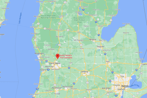 Map of Michigan highlighting the location of Aunt Candy's Toy Company near Grand Rapids.