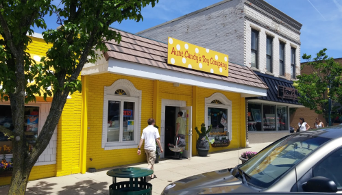 Aunt Carla's Dog Company storefront with yellow exterior, people walking by, and trees lining the sidewalk.