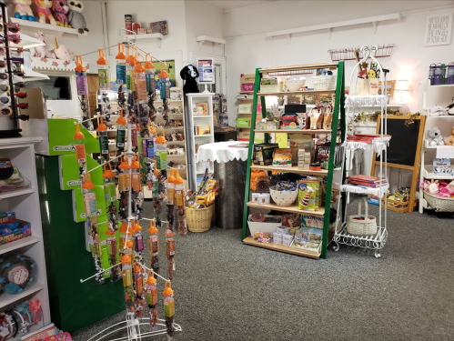A cozy shop interior featuring shelves of snacks, toys, and gifts, with colorful displays and a welcoming atmosphere.