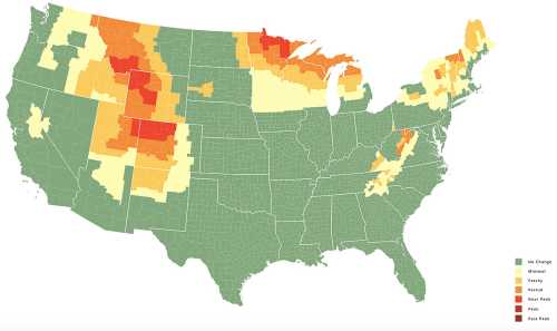 Map of the U.S. showing varying levels of a specific metric, with color gradients from green to red indicating intensity.