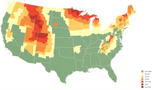 Map of the U.S. showing varying levels of climate change impact, with color gradients from green (no change) to red (high impact).