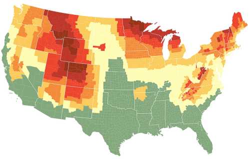 Map of the United States showing varying climate zones, with colors indicating temperature and precipitation levels.