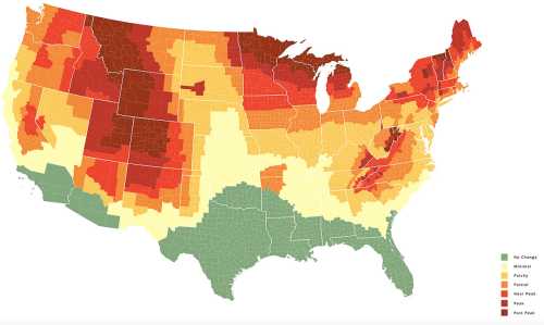 Map of the U.S. showing varying levels of change in vegetation, with color gradients from green to red indicating different impacts.