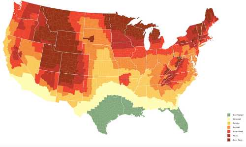 Map of the U.S. showing varying levels of change, with colors ranging from green (no change) to dark red (peak).