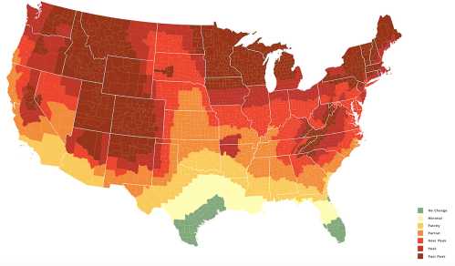 Map of the U.S. showing varying levels of change, with color gradients from green (no change) to dark red (full pack).