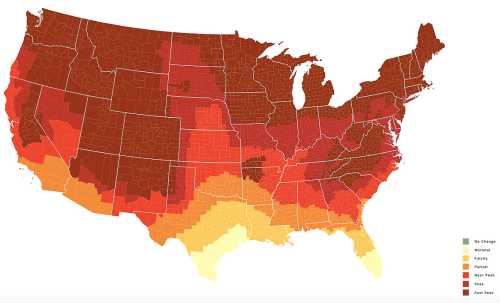 U.S. map showing varying levels of heat change, with colors ranging from yellow (no change) to dark red (extreme heat).