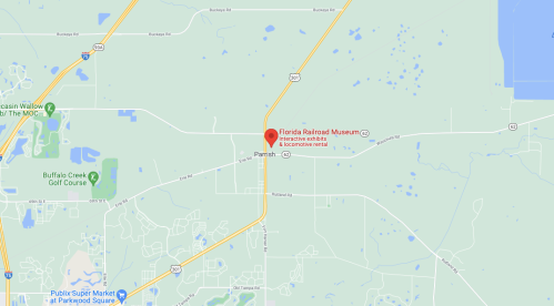 Map showing the location of the Florida Railroad Museum in Parrish, Florida, with nearby roads and landmarks.