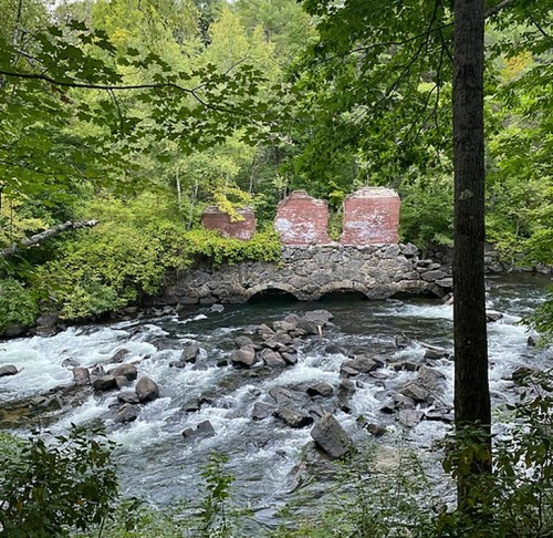 Ruins of a stone structure over a river, surrounded by lush green trees and rocky riverbanks.