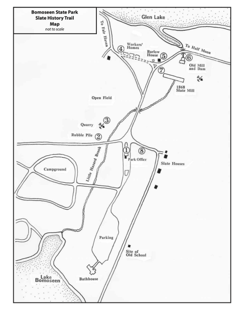 Map of Bomoseen State Park's history trail, showing key locations like the campground, parking, and slate houses.