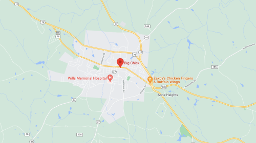 Map showing a location marked "Big Chick" in a town, with nearby landmarks and roads labeled.