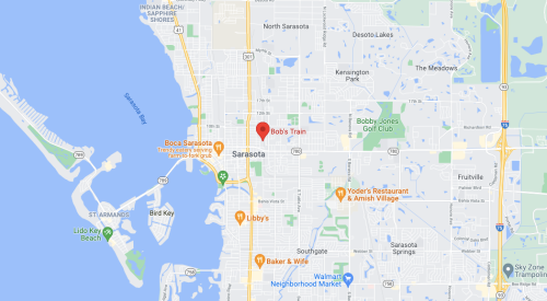 Map of Sarasota, Florida, highlighting the location of Bob's Train. Nearby landmarks and streets are visible.