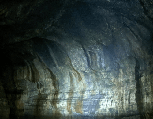 A dimly lit cave ceiling with textured rock formations and subtle light reflections.