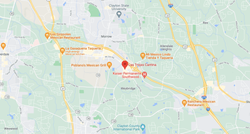 Map showing various Mexican restaurants in the Clayton County area, including Poblano's and Las Trojas Cantina.