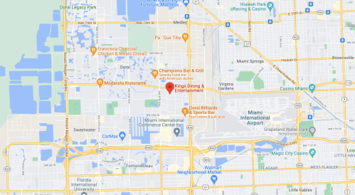 Map showing the location of King’s Dining & Entertainment in Doral, near Miami International Airport.