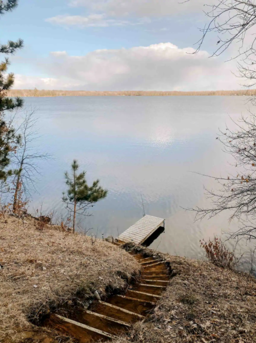 A serene lake view with a wooden dock and a winding path leading down, surrounded by trees and a cloudy sky.