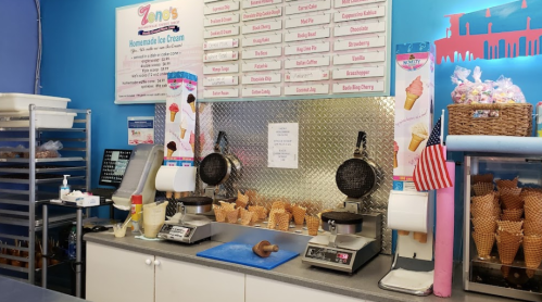 Ice cream shop counter with waffle cone makers, a menu board, and various ice cream flavors displayed.