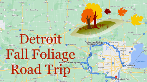 Map highlighting a road trip route for fall foliage around Detroit, featuring autumn leaves and scenic locations.
