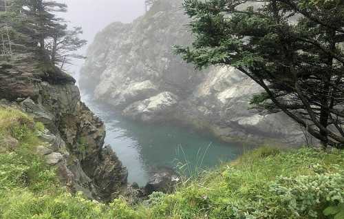 A misty coastal scene with rocky cliffs and a calm, turquoise inlet surrounded by greenery.