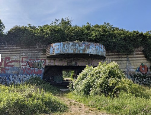 A weathered, overgrown concrete structure with graffiti, surrounded by greenery and a clear blue sky.