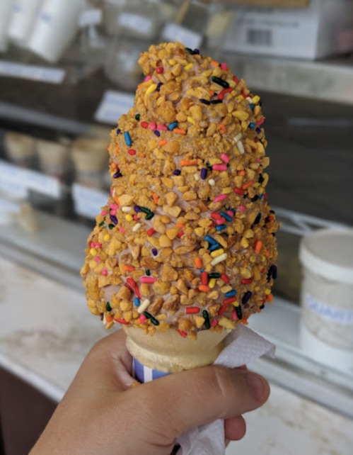 A hand holding a cone of ice cream topped with crushed peanuts and colorful sprinkles.