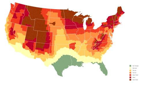 Map of the U.S. showing varying levels of climate change impact, with color gradients indicating severity across regions.