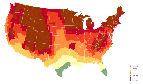 Map of the U.S. showing varying levels of change, with color gradients from green (no change) to red (high change).