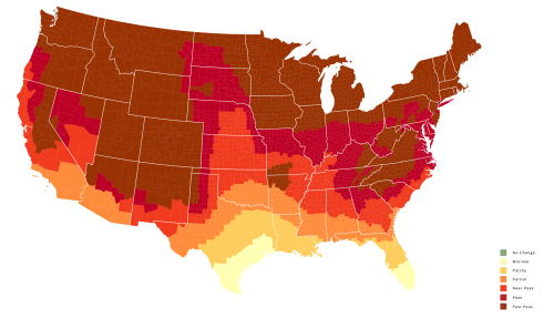 Map of the U.S. showing varying levels of change, with color gradients from green (no change) to dark red (most change).