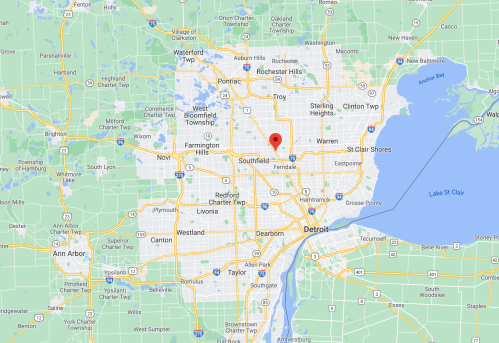 Map of the Detroit area, highlighting a specific location marked with a red pin.