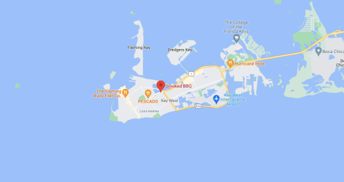 Map of Key West, Florida, highlighting Smoked BBQ and nearby landmarks and roads.