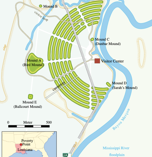 Map of Poverty Point, Louisiana, showing mounds, visitor center, and surrounding floodplain with scale and orientation.