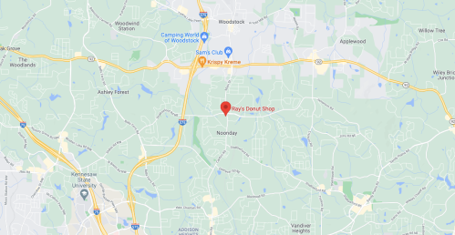 Map showing the location of Ray's Donut Shop in Noonday, near Woodstock, Georgia.