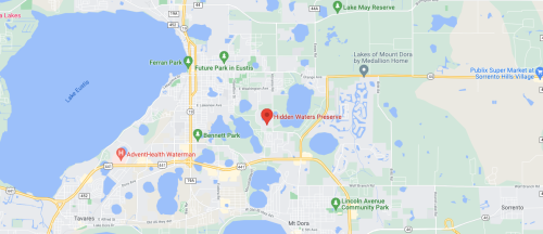 Map showing the location of Hidden Waters Preserve, surrounded by lakes and parks in Mount Dora, Florida.