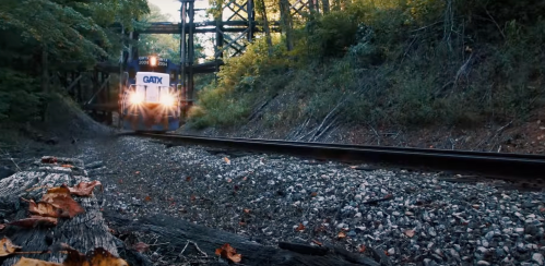 A train approaches on a track surrounded by trees and foliage, with a wooden bridge in the background.