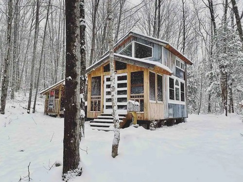A cozy cabin surrounded by snow-covered trees in a winter landscape.
