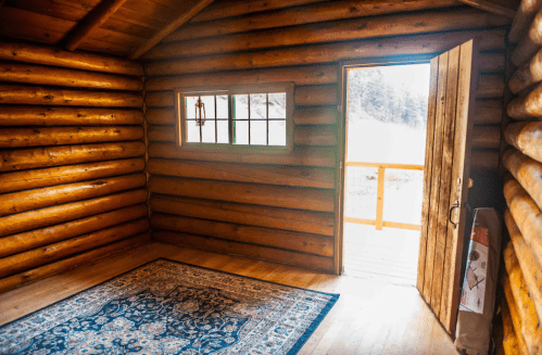 A rustic log cabin interior with a wooden door open to a view, featuring a patterned rug on the floor.