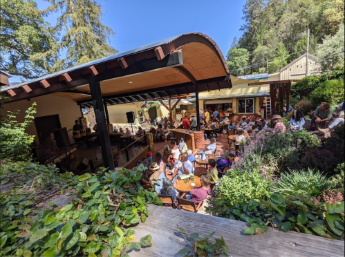 A lively outdoor gathering at a café, with people seated at tables surrounded by greenery and a sunny sky.