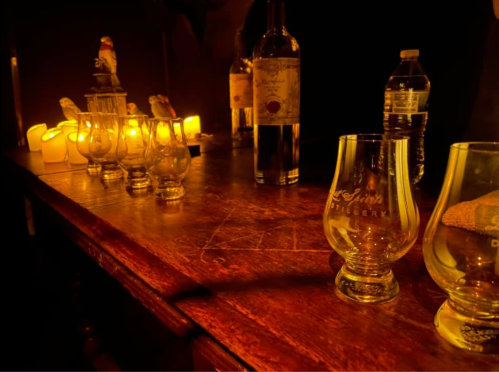 A dimly lit bar scene with glasses, a bottle, and candles creating a warm ambiance.