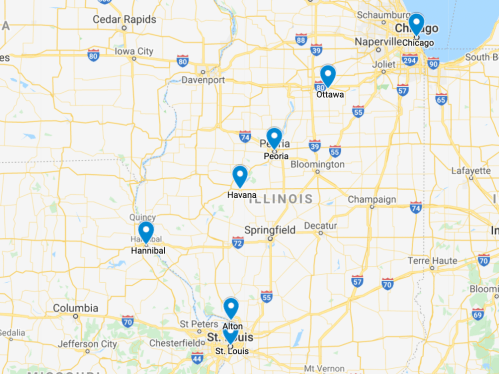 Map of Illinois highlighting cities like Chicago, Peoria, and Springfield with blue markers.