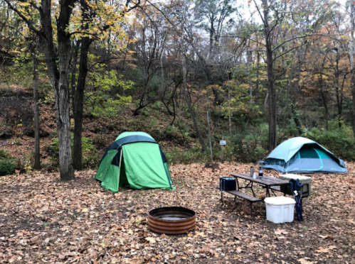Two tents set up in a wooded area with autumn leaves, a picnic table, and a fire pit nearby.