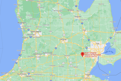 Map of Michigan highlighting the location of Nick's Original House of Pancakes in Flint.