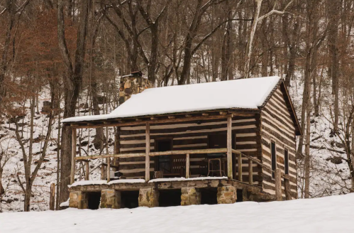 A rustic log cabin with a snow-covered roof, surrounded by trees in a winter landscape.