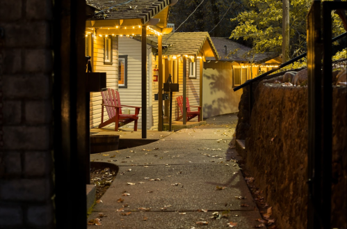 A cozy pathway lined with lights, leading to charming cabins surrounded by trees and fallen leaves at night.
