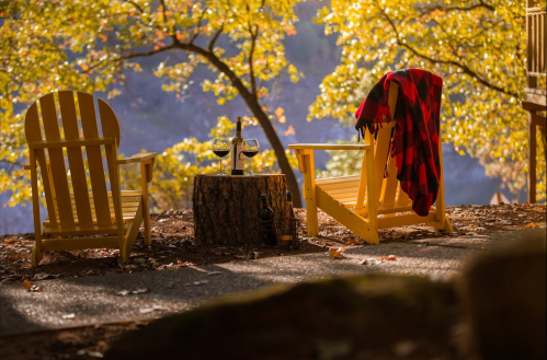 Two yellow chairs beside a tree stump, with two glasses of wine and a red plaid blanket, surrounded by autumn foliage.