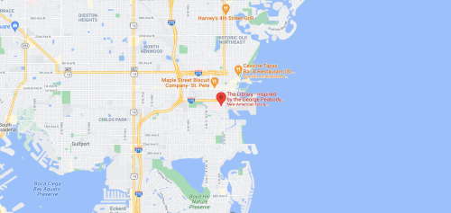 Map showing St. Petersburg, Florida, with a marker for the Library inspired by George Peabody.