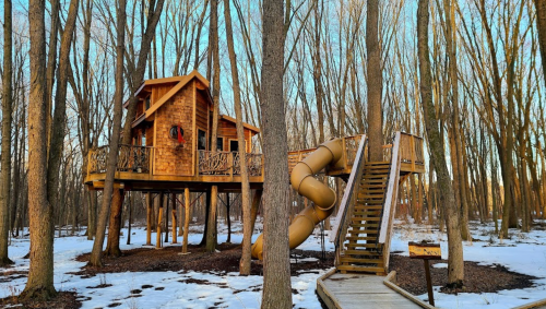 A wooden treehouse with a slide, elevated among tall trees, surrounded by snow and a wooden walkway.