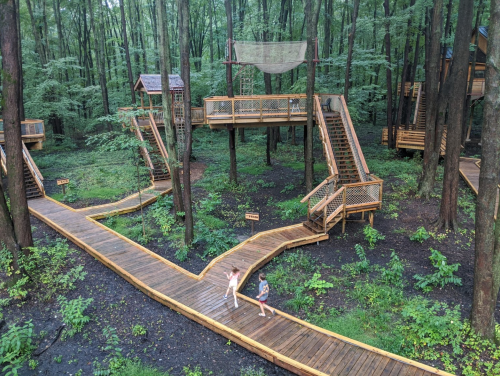 Two children play on a wooden walkway in a forested area with elevated platforms and lush greenery around them.