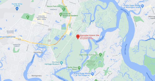 Map showing the Wilmington Historic Site, surrounded by parks, golf courses, and waterways in Wilmington, North Carolina.